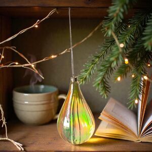 Holiday Lane Christmas Ornament Glass Hand Blown Teardrop Lime Gold Iridescent